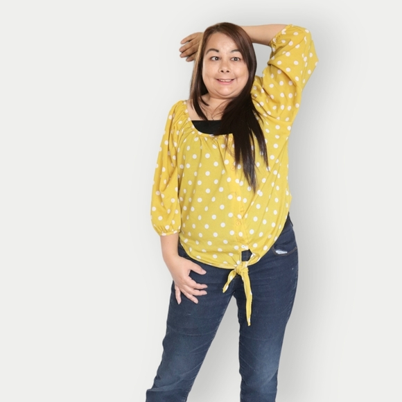 COLLECTION COSTA BLANCA WOMENS L YELLOW & WHITE POKA DOT SHIRT - Picture 10 of 14